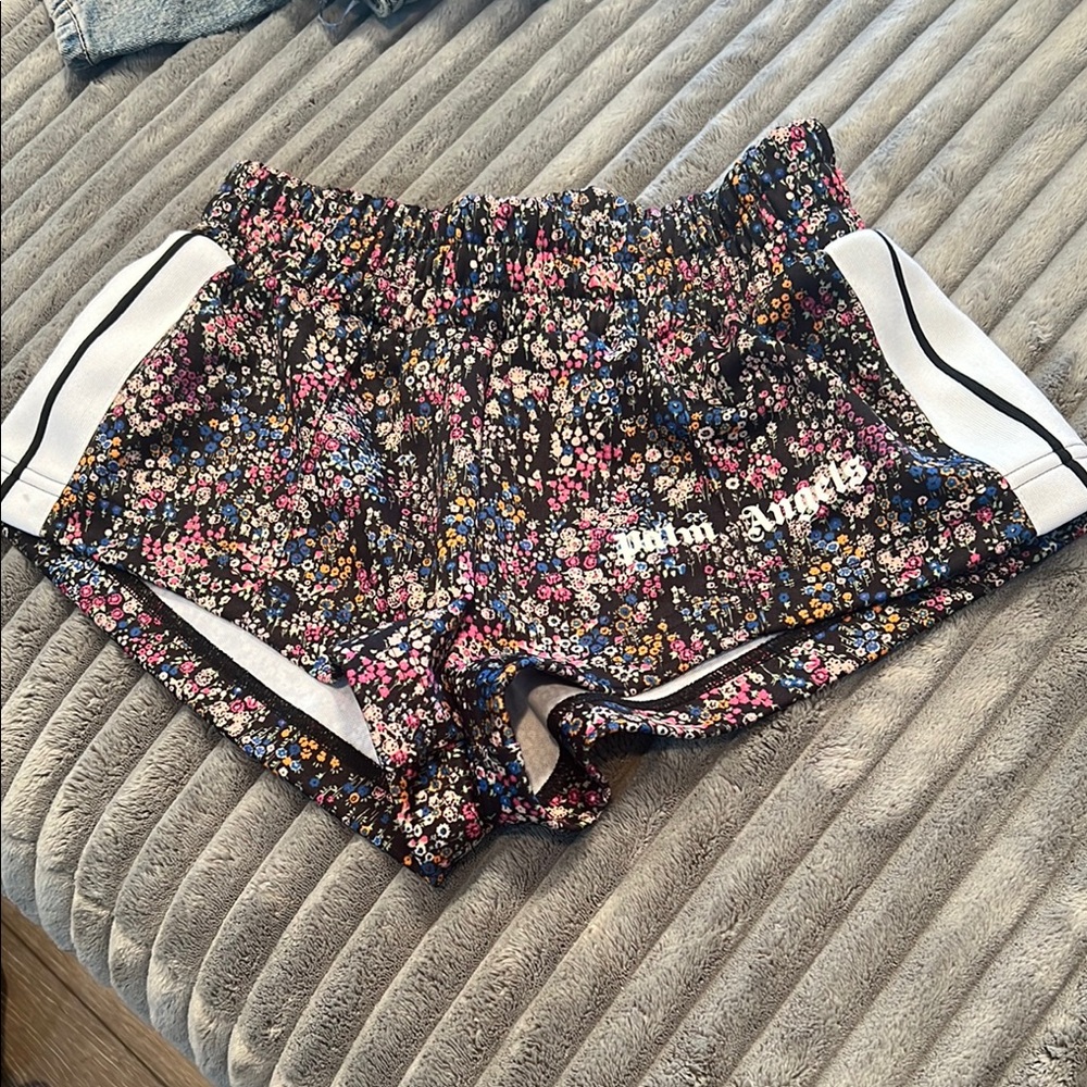 Palm Angels Black Athletic Shorts with Floral Design